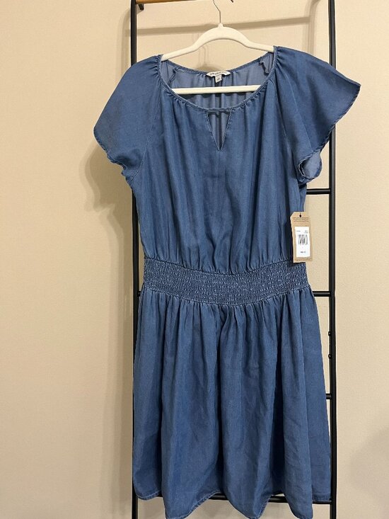 FRYE AND CO. Dresses & Skirts - Frye & Co Chambray Blue Dress NWT Smocked Waist Keyhole Flutter Sleeve Large